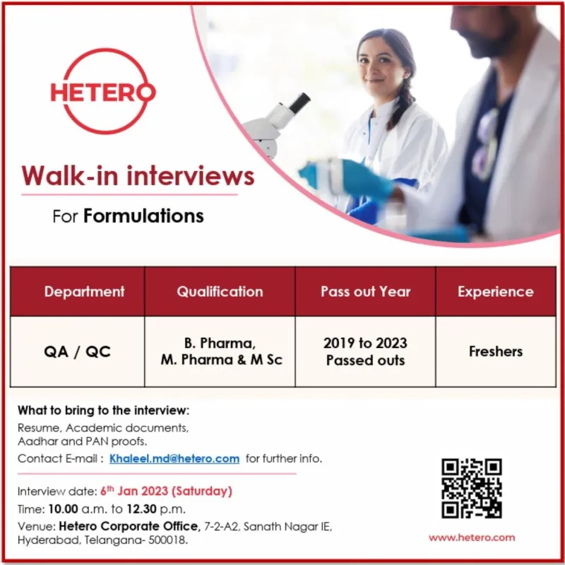 HETERO - Freshers Walk-In Interviews for M.Sc, B.Pharm, M.Pharm in QC, QA on 6th Jan 2024